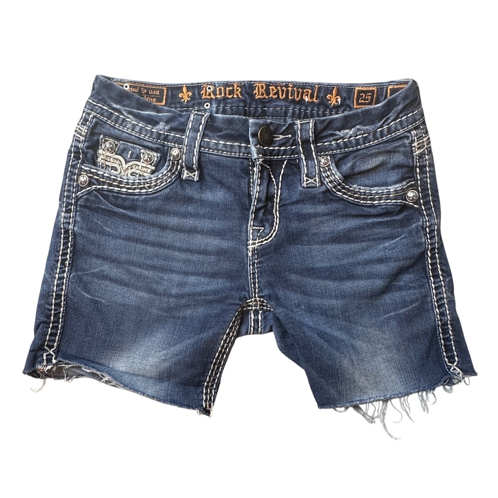 Rock Revival Shorts Womens 25 Karla MP3 Dark Wash Rhinestone Cutoff Distressed